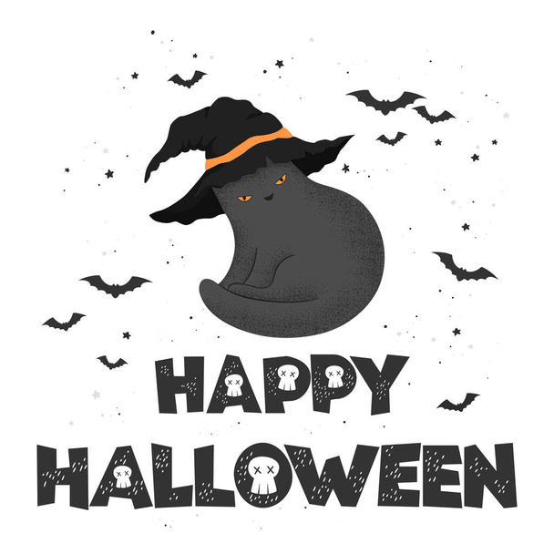 Vector illustration with hand drawn cat in witch hat and lettering Happy Halloween isolated on white background. Design for poster, greeting card, banner, party invitation - Wektor, obraz