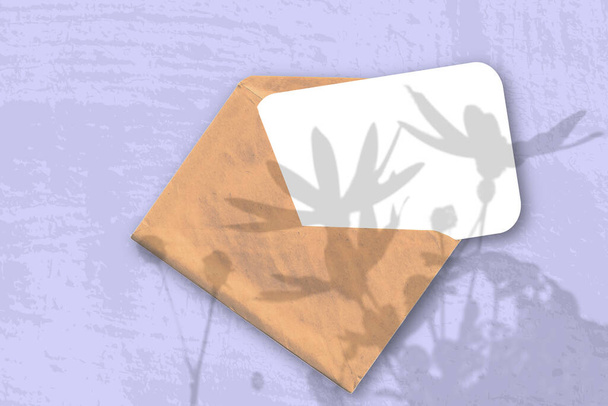 Um envelope com folha de papel branco texturizado sobre o fundo lilás da mesa. Mockup se sobrepõe às sombras das plantas. A luz natural lança sombras de uma alcachofra de Jerusalém flores - Foto, Imagem