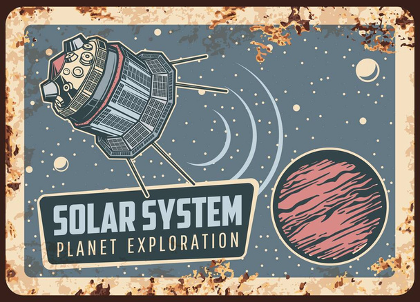 Satélite sistema solar planeta exploración vector oxidado placa de metal. Misión espacial profunda Sputnik orbitando planeta Marte en galaxia, exploración cosmos añejo óxido estaño signo. Cartel retro con el cosmos exterior - Vector, imagen