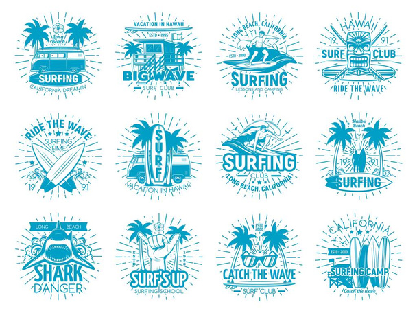 Icônes vectorielles isolées du sport de surf, symboles de club de surf avec planche de surf, sportif sur grande vague, van itinérant et palmiers. Vacances à Hawaï, Californie plage surf sports loisirs étiquettes ensemble - Vecteur, image