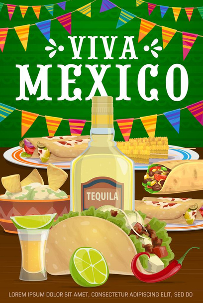 Affiche vectorielle Viva Mexico avec enchiladas, tacos et burrito traditionnels mexicains avec nachos et guacamole, tequila, lime, chili et maïs. Caricature Repas mexicains, viva la fiesta fête - Vecteur, image