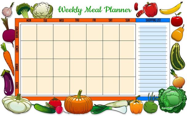 Щотижневий план харчування векторний план тижня їжі з ескізами овочів та фруктів. Меню календаря сніданок, обід, вечеря та закуски зі списком покупок. Щоденник дієти шаблон розкладу з гравірованими овочами
 - Вектор, зображення