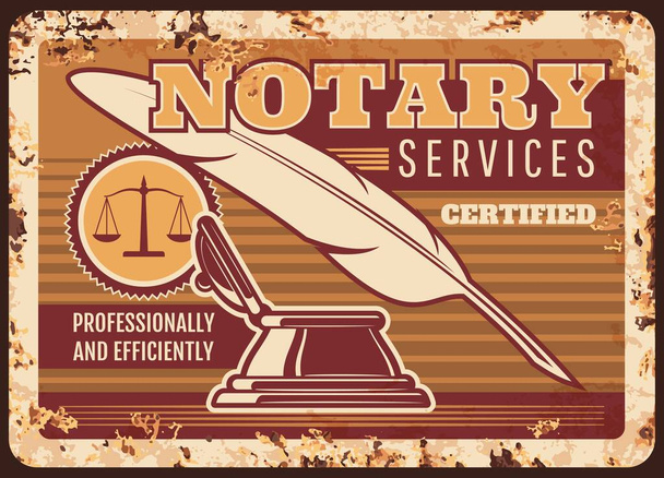 Notary services metal plate rusty, legal lawyer or law firm, vector poster retro. Legal juridical and jurisprudence service in civil rights and laws, juridical counselor or attorney solicitor - Vector, Image