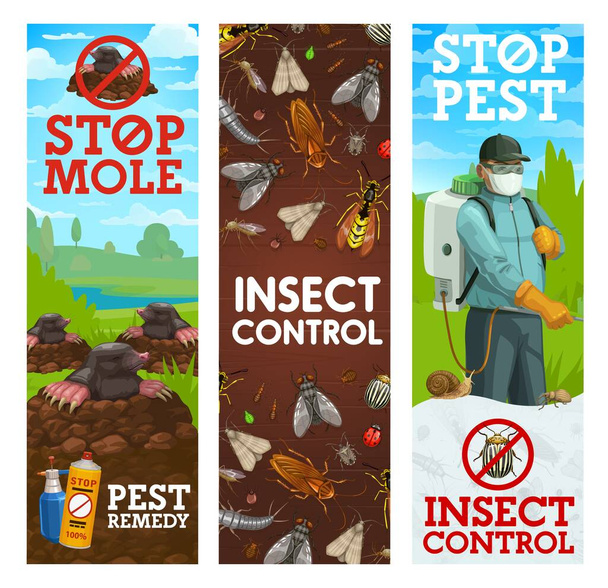 Pest control banners, vector worker spraying insecticide against insects and rodents. Exterminator in protective suit and mask with pressure sprayer. Insects and garden animals chemical extermination - Vector, Image