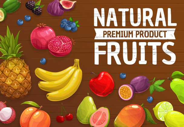 Naturalne gospodarstwo dojrzałe owoce wektor ananas, mango, brzoskwinia i banan, granat, jabłko i gruszka. Figi, guawa, jeżyna i jagoda, limonka, cytryna. Feijoa, liczi i wiśnia świeże owoce i jagody - Wektor, obraz