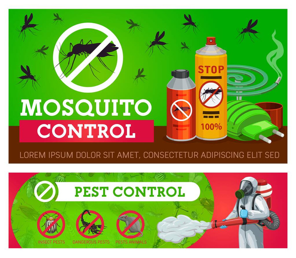 Pest control, mosquito disinsection vector banners with repellents and exterminator with cold fogger. Home insects disinsection. Mosquito fumigation tools electric repellent, coil spiral and aerosol - Vector, Image