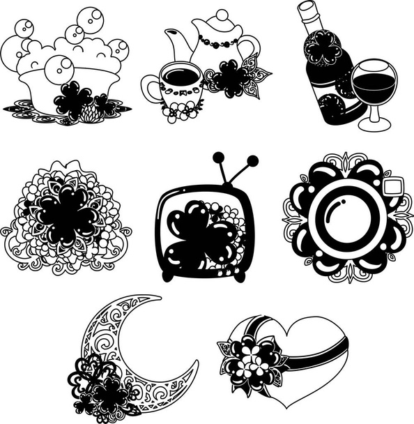 Симпатичные иконы клевера объекта, такие как ванна и горшок и чай и вино и букет и телевизор и камера и объект и подарок - Вектор,изображение