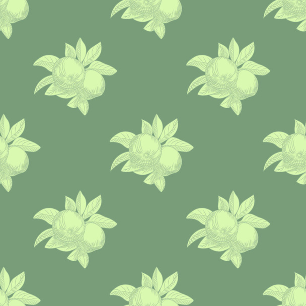 Apples seamless pattern on green background. Vintage botanical wallpaper. Hand draw fruit texture. Engraving vintage style. Design for wrapping paper, textile print. Vector illustration - Vector, Image