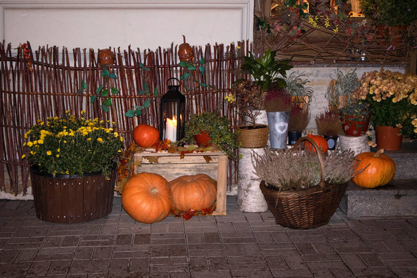Street Halloween decoration with pumpkins, flower pots, rural fence and big candle - Photo, Image