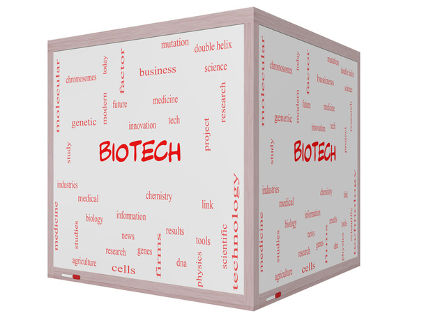 biotechnologii słowo chmura koncepcja na 3d sześcian tablicy - Zdjęcie, obraz
