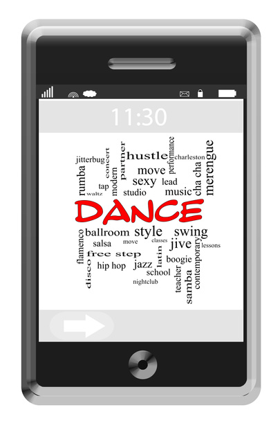 Concetto Dance Word Cloud sul telefono touchscreen
 - Foto, immagini