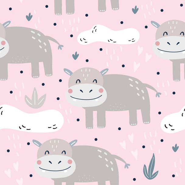 Cute little hippo cartoon style. Seamless pattern. Printable templates - Vector, afbeelding