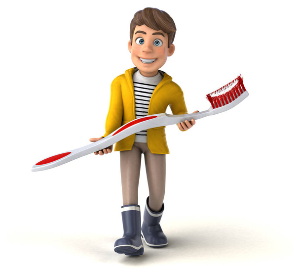 Fun 3D Illustration of a cartoon kid with rain gear with toothbrush  - Photo, Image