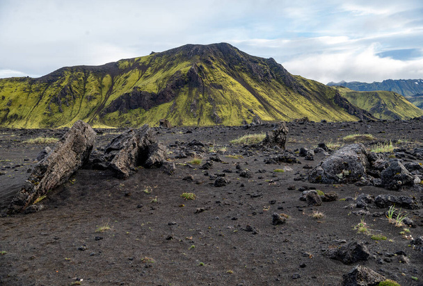 Majestic volcanic landscape covered with moss in Iceland highlands - Fotoğraf, Görsel