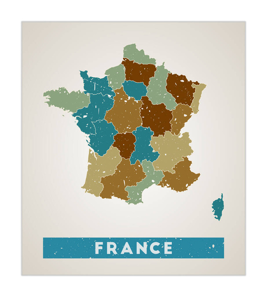 France map Country poster with regions Old grunge texture Shape of France with country name - Vecteur, image