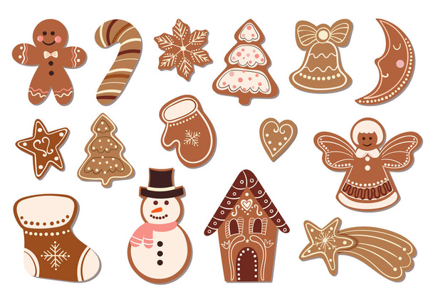 Christmas sweets collection with decorative gingerbread isolated on white, hand drawn design, vector - Vector, Image