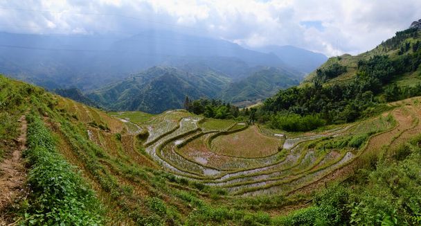 Ampla vista panorâmica dos terraços de arroz nas montanhas perto de Sa Pa. Nuvens sobre a cordilheira. Vietname.  - Foto, Imagem
