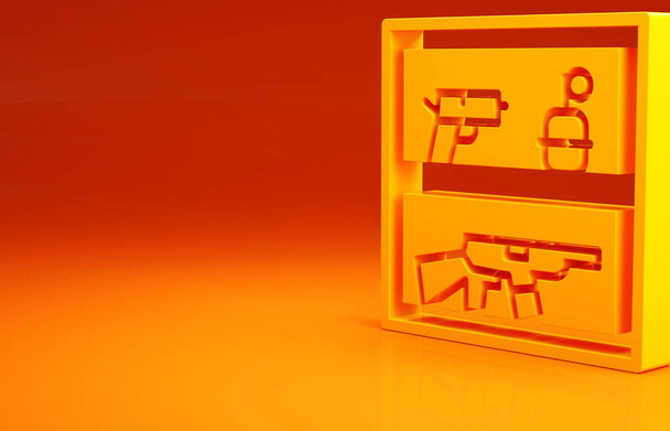 Sárga Vadászbolt puska és fegyver ikon elszigetelt narancs háttér. Szupermarket vagy tároló fegyverekkel. Minimalizmus koncepció. 3d illusztráció 3D render - Fotó, kép
