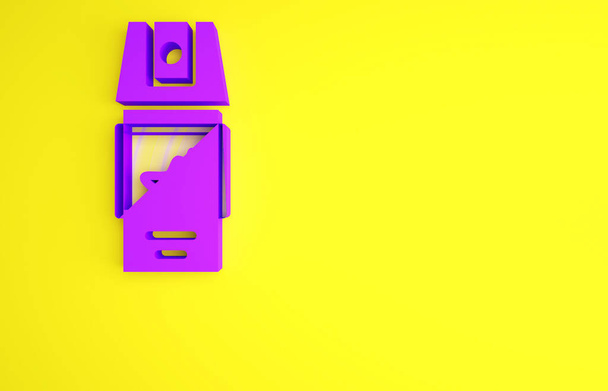Фиолетовый перцовый спрей значок изолирован на желтом фоне. OC газ. Аэрозоль самообороны Капсикум. Концепция минимализма. 3D-рендеринг - Фото, изображение