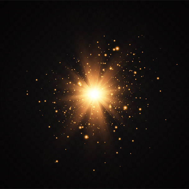 Świecące złote gwiazdy odizolowane na czarnym tle. Efekty, blask, linie, brokat, eksplozja, złote światło. Ilustracja wektora - Wektor, obraz