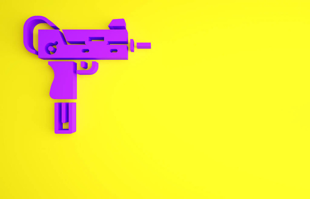 Fialová ikona samopalu UZI izolovaná na žlutém pozadí. Automatická zbraň. Minimalismus. 3D ilustrace 3D vykreslení - Fotografie, Obrázek