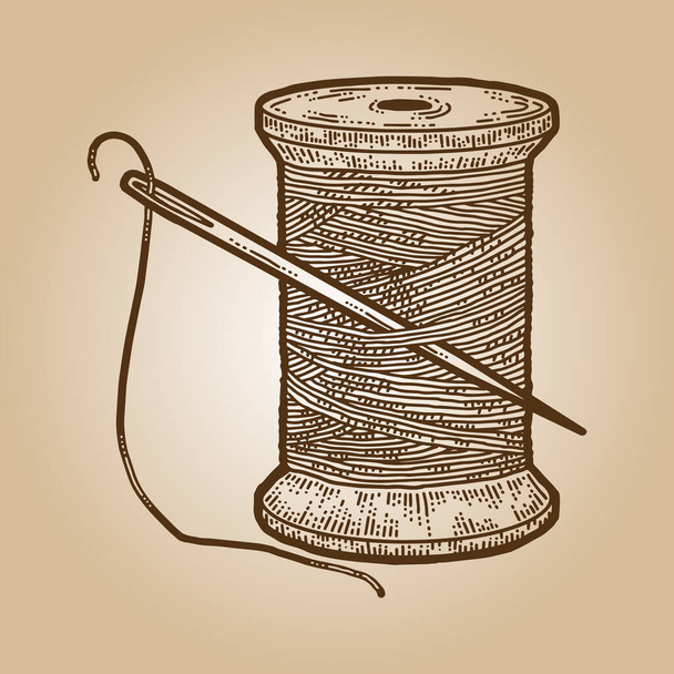Νήμα skein με βελόνα για ράψιμο απομονωμένο. Χαρακτική απομίμηση πίνακα ξυστό σκίτσο σέπια - Φωτογραφία, εικόνα