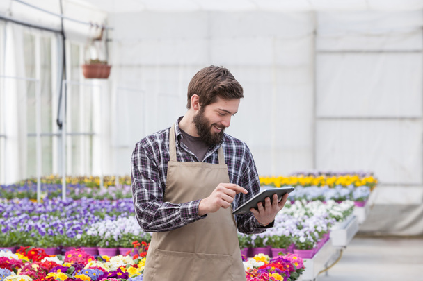 Men working at greenhouse with a tablet - Photo, Image