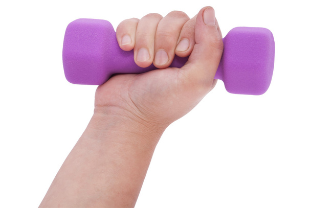 Pink dumbbells in hand (clipping path) - Zdjęcie, obraz