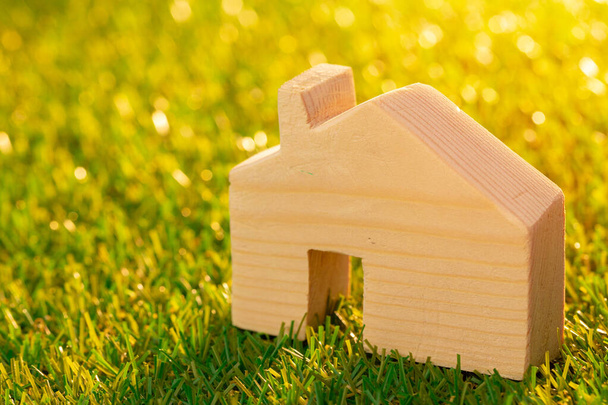 Wooden toy house miniature on grass close up - Foto, Bild