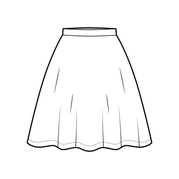 Skirt flared skater technical fashion illustration with above-the-knee silhouette, semi-circular fullness. Flat bottom - Vector, Image