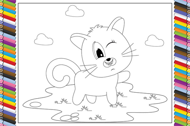 zbarvení roztomilé kočka animované pro děti, jednoduché vektorové ilustrace - Vektor, obrázek