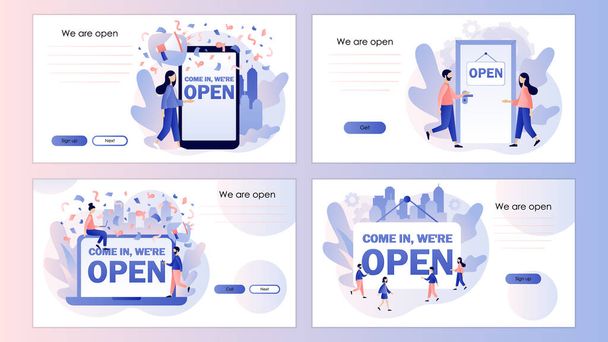 Come in we are Open - big sign. We are working again after quarantine. Reopening. Screen template for mobile smart phone, landing page, template, ui, web, mobile app, poster, banner, flyer. Vector - Vector, Image