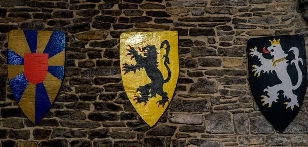 scudo da battaglia contro un muro nel castello di Gravensteen a Gand, Belgio, Europa - Foto, immagini
