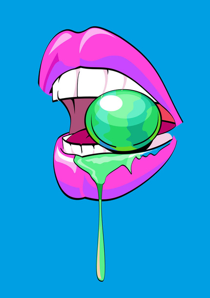 Векторна ілюстрація рожевих губ, що їдять зелену оливу на синьому фоні
 - Вектор, зображення