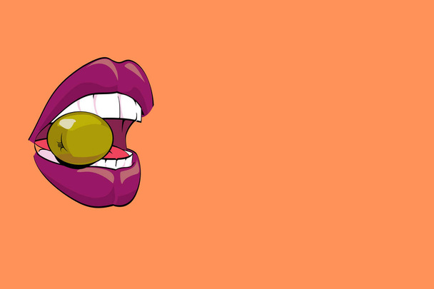 illustration vectorielle de bouche sensuelle mangeant une olive verte sur fond coloré - Vecteur, image