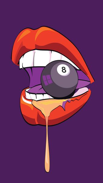 vector illustration of female lips biting a billiard ball number eight on blue background - Vettoriali, immagini