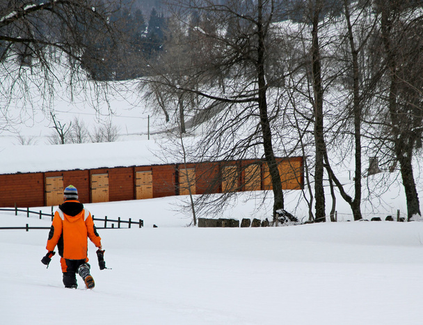 храбрый мальчик ходит по белому снегу
 - Фото, изображение