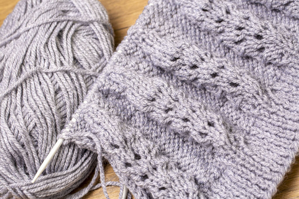knitting wool yarn, knitted scarf, crochet needles - Photo, image