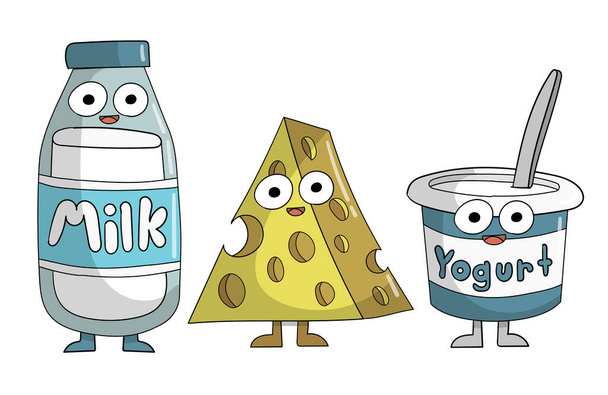 Egy üveg tej, cheddar sajt és joghurt rajzfilm - Fotó, kép
