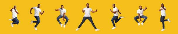 Collage de saltar millennial negro chico en amarillo fondo - Foto, Imagen
