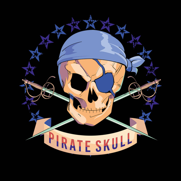 Ilustración vectorial del cráneo pirata, con parche ocular y dos espadas cruzadas sobre fondo negro. Diseño de bandera pirata para póster o camiseta. - Vector, Imagen