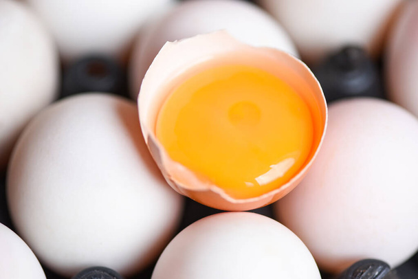 Φρέσκος σπασμένος κρόκος αυγού, λευκά αυγά πάπιας συλλέγουν από τα γεωργικά προϊόντα φυσικά σε ένα καλάθι έννοια υγιεινής διατροφής - Φωτογραφία, εικόνα