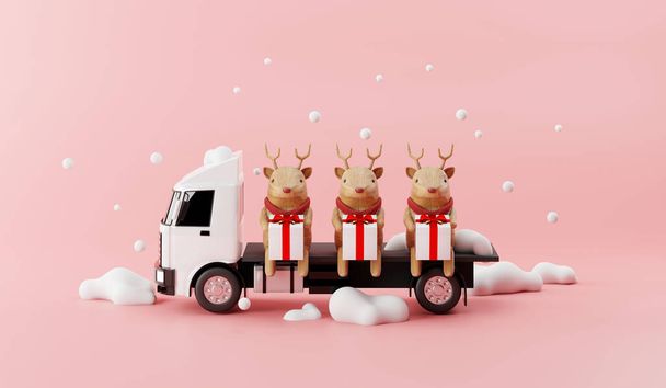Сервис доставки грузовиков с оленями и концепцией рендеринга Happy Gift Box 3d - Фото, изображение