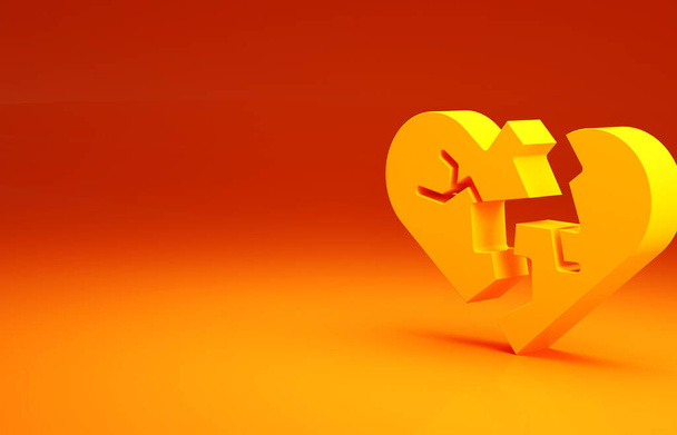 黄色オレンジの背景に隔離された壊れたハートまたは離婚アイコン。愛のシンボル。バレンタインデー。最小限の概念。3Dイラスト3Dレンダリング. - 写真・画像
