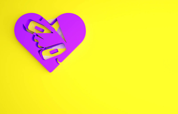 Fialová Zlomené srdce nebo rozvodové ikony izolované na žlutém pozadí. Zlomené a záplatované srdce. Symbol lásky. Valentýn. Minimalismus. 3D ilustrace 3D vykreslení. - Fotografie, Obrázek
