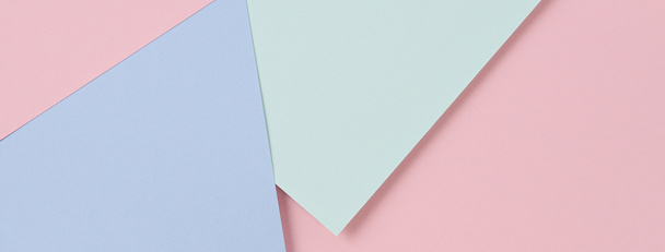 Abstract colored paper banner background. Minimal geometric shapes and lines in pastel pink, light blue and green colours - Fotoğraf, Görsel