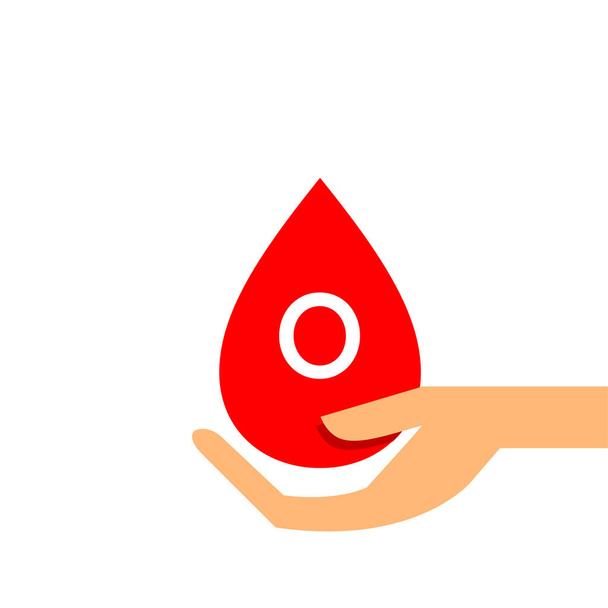 Капля крови O группы на руке для значка, клип искусства красная капля крови, группа крови O, капля крови в руке символ изолирован на белом - Вектор,изображение