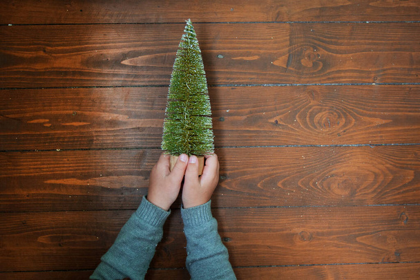 Μικρό χριστουγεννιάτικο δέντρο στα παιδιά χέρια σε σκούρο ξύλινο φόντο - Φωτογραφία, εικόνα