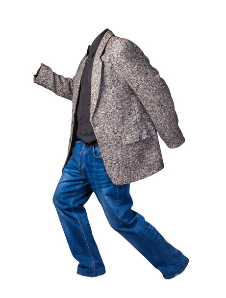 men's button-down jacket with black shirt and blue jeans isolated on a white background. Casual style - Fotó, kép