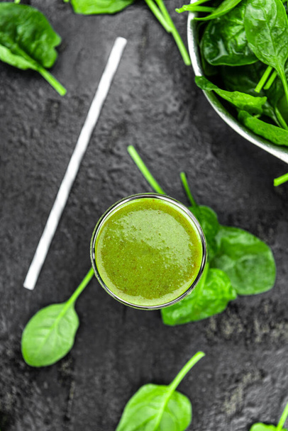 Freshly made spinach smoothie (detailed close up shot; selective focus) - Photo, Image